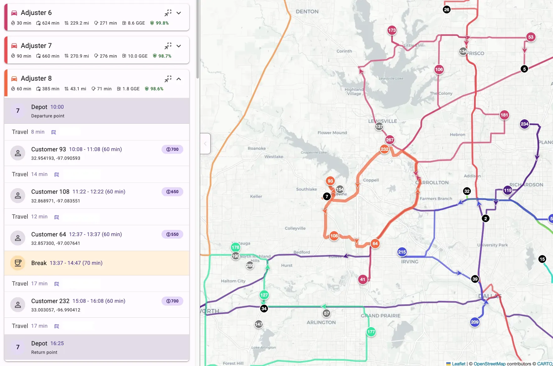 Voptia Engine route view: optimized daily routes for catastrophe adjusters deployed across a storm territory, showing drive time, mileage and on-time probability for each adjuster